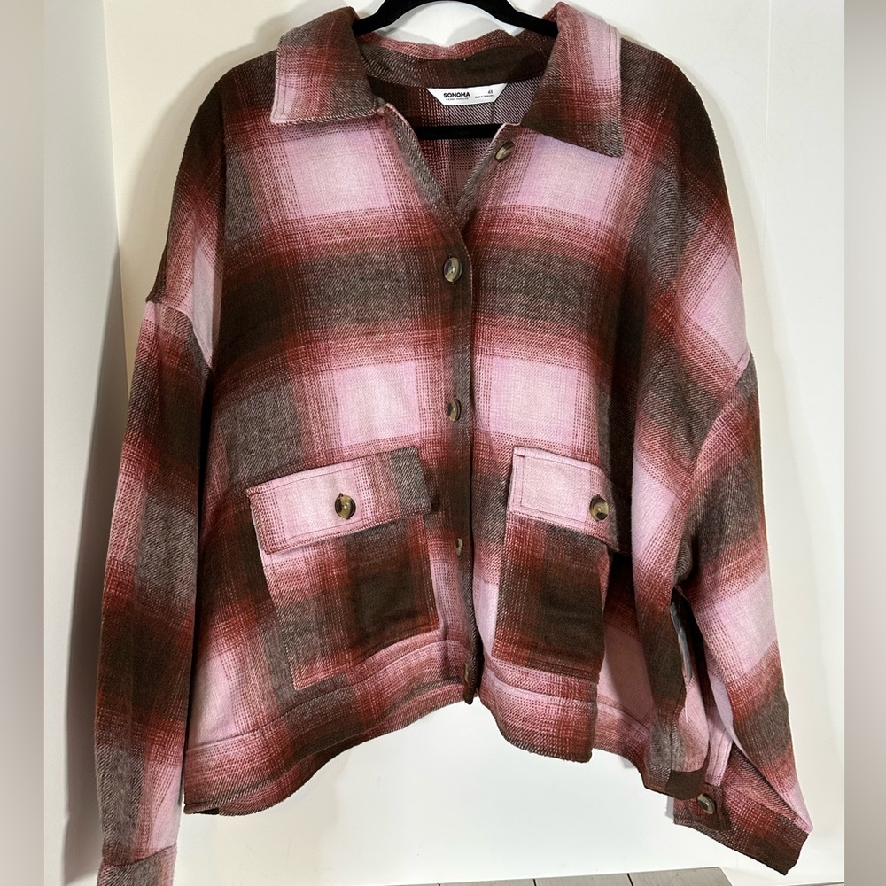 Sonoma plus burgundy & Brn Plaid Shacket/ Jacket cropped button front SZ 4X NWTS